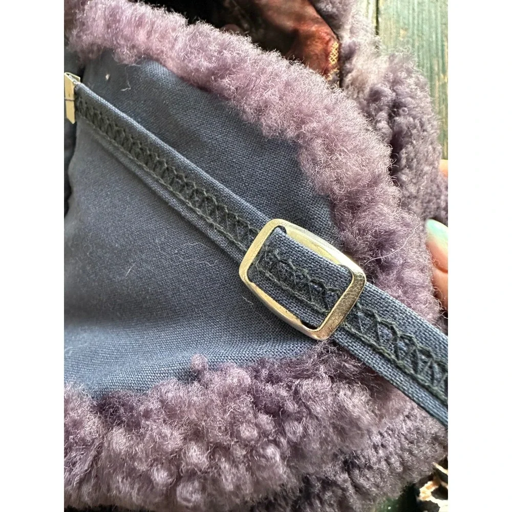 Vintage Blue Canvas Trapper Hat Purple Faux Fur Trim Aviator Ear Flap Cap